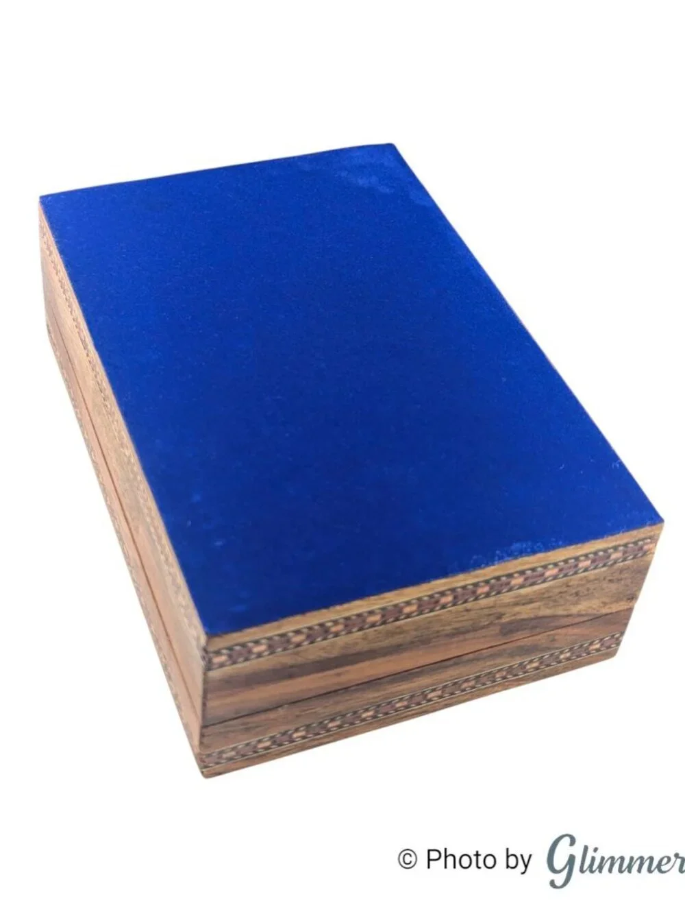 Vintage Indian Inlay Rajasthani Art Blue Lined Glass Lid Wood Jewelry Box